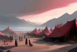 painting, landscape, artistic, illustration, artstation, black desert, black sand, bleak, pale red sky, large bustling camp, tigtly packed leather tents, vereshagin style