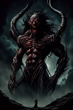 A dramatic digital painting portraying a horror monster under the Moon, veins pulsing, claws of temptation visible, soul in turmoil. In the style of Luis Royo and Boris Vallejo and Giger and Ridley Scott, vivid colors, swirling brushstrokes, highly detailed, 8k resolution, surrealistic., juicy emotions, painting, gloomy fantasy, gloomy day, dark world, portrait, graphite, wide strokes, a weaving frame around, by Ryohei Hase, Agnes Cecile, Raymond Swanland, Anne Bachelier