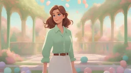 Cartoon style pixar style woman with medium length brown hair and green eyes wearing white long sleeves oversized button up and green tie in the style of soft dreamy pastel palette, pastel - colored scenes,