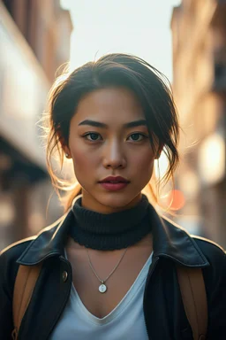 Create an ultra-realistic cinematic 8K portrait of the person in this photo. Keep the face 100% identical — same facial features, skin texture, and expression. Style: fashion editorial, confident pose. Lighting: warm golden hour sunlight, soft rim light. Background: softly blurred urban bokeh. Camera look: shallow depth of field, film grain, cinematic color grade. Outfit: keep similar to the original or elevate slightly with premium casual style.