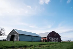 low angle scenic photo of a Dairy farm with barn