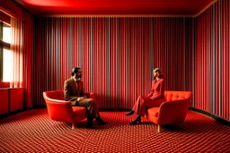 Un hombre vestido con traje, un hombre con pijama rojo, y una mujer vestida con traje, sentados en sillones, en una habitación de suelo de baldosas con líneas zigzagueantes, la habitación la recorre una gran cortina roja, fotografía realizada con cámara Leica y objetivo de 50 mm. Estilo serie de televisión Twin Peaks