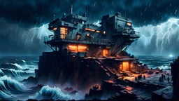 outpost on a cliff overlooking the stormy seas, nighttime, storms, cyberpunk style