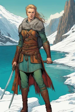 create a full body portrait of a pale female Norse tribal mercenary, sword in hand, with highly detailed, delicate feminine facial features, inhabiting an ethereal Northern winter fjord land of pristine blue waters, in the comic book style of Jean Giraud Moebius, David Hoskins, and Enki Bilal, precisely drawn, boldly inked, with vibrant colors