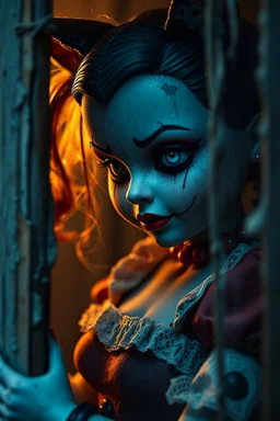 harley quinn catwoman Forgotten doll. sad, scary, peeling. looking into a dried-out old window. sketched in one line bright scary close-up high detail high resolution macro photography