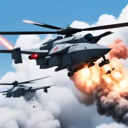 [wii No More Heroes style with thick lines] the helicopter version of the Macross iconic VF-1S Valkyrie in live-action, launching smart bombs with tracing smoke while flying
