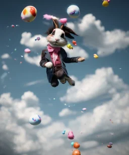 Ultra realistic speed clouds sky scene, wide angle view, child falling down with many Children background, rabbit head, inflatable monsters, circus dress style, feather color, free jumping flying, many trinkets, hair monster, many jelly beans, balls, color smoke, smile, happy, extreme, wind, clouds sea, 20,000 feet altitude, stratosphere, soft color, highly detailed, unreal engine 5, ray tracing, RTX, lumen lighting, ultra detail, volumetric lighting, 3d, finely drawn, high definition.