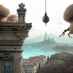 Skyline+city on inslands+Trainstation on cliff+Vignola classicism +palladio+detailed facades+uphill road+trees+genoa+vienna+biopunk+Book illustration by Gediminas Pranckevičius, Jean Baptiste Monge, Brian Kesinger, Anton fadeev, Kilian Eng, strong lines, high contrast vibrant colors, highly detailed, 16k resolution, trending on behance