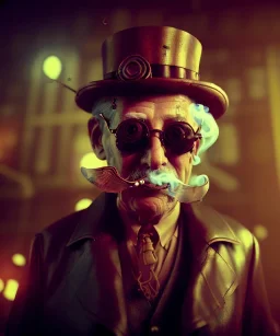 steampunk, cabaret scene. old man. Sunglasses, rain, smoking, happy, hot, people background, highly detailed, concept art, unreal engine 5, god rays, ray tracing, RTX, lumen lighting, ultra detail, volumetric lighting, 3d, finely drawn, high definition, high resolution.