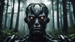 dark cyborg face front view in dark forst or island