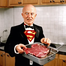 darkly satirical 80's Mr. Belvedere redux as a Hans Bellmer deconstructed butler putting a raw steak into a metal superman school lunchbox, highly visceral surreal form with long tubular neck, round infinitely deep toothless mouth hole with Hans Bellmer themes, modernist surrealism, background a kitchen, glitchy, nihilistic, post-humanist pessimism