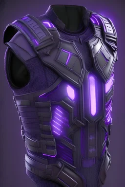 Very detailed, realistic, futuristic video game vest. Light in weight. Dark purple and black, with light purple lights. And a logo the letters P, L, A, Y, R, in that order. Make it look as authentic and as high res as possible.