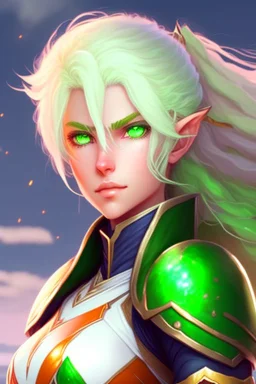 fantasy setting, woman ranger with orange and white hair, pastel green eyes, kind, soft facial traits