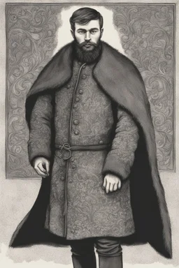 man, medieval, fighter, russian, croocked nose, czar, rich, simple clothes, short messy hair, thick beard, oligarch, brocade coat with fur, brocade clothes, pencil drawing, muscles, 20 years old, medival leather bootsspitz, gewand aus seide