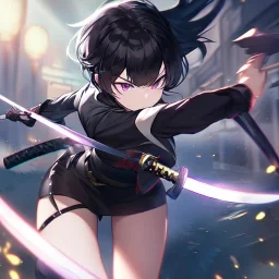 Clear focus,High resolution, Black short fluffy hair, and purple eyes, wearing a black outfit, must wear a short skirt, holding a glowing katana, fighting stance