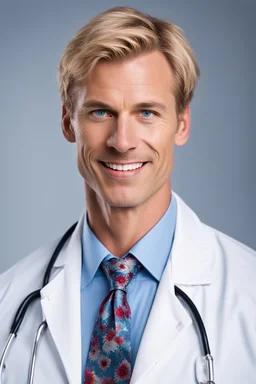 Mid-thirties, Caucasian male doctor, kind smile, blonde hair (slightly disheveled) blonde mustache, pale blue eyes, broad shoulders, muscular, six foot, Hawaiian shirt under white lab coat with bloodstains at the edges. Strong Jaw line, photo realistic