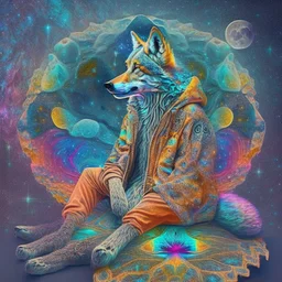 celestial psychedelic wolf made of fractals wearing a mexican jacket sitting on. giat mushroom in between stars