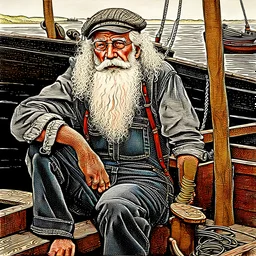 Detailed hyperrealistic drawing on matte antique vellum paper of a tall and thin elderly fisherman in the sixties with long curly white hair and a short white beard leaning on a wooden Malconsia boat in a fishing harbor in the Faroe Islands smoking a pipe. She wears blue denim overalls, open sandals, and a red and black plaid shirt, fishing net at her feet, sunset time, rainy day, dramatic atmosphere, attractive light colors, oil colors, water colors, saturated pastel