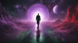 matrix universe, space, planets, god creation walking on light, purple, dark green and red