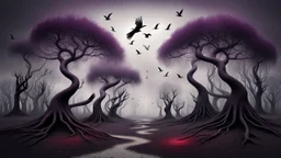 Birds and trees in alternative surreal barren, dry, gloomy world, nightmare in abyss, deep vortex, ,purple, black, gray, brown, silver, dark red colors, surreal, weird dark fantasy, deep dark colors, sharp lines, crepy stunning, high detalied, weird, fog, shadows, realistic, surreal, highly detailed, melancholic thriller mood