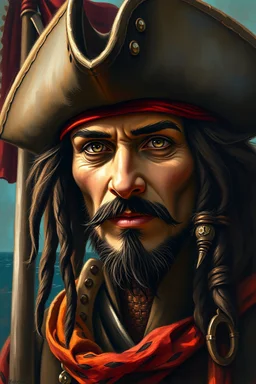 an expressive painting of the pirate of the Caribbean face with the pirates flag in the background, might see a companion with features of absolute strength and determination, blended with warmth and deep faith. Perhaps his head expresses wisdom and courage, with eyes radiating confidence and faith.