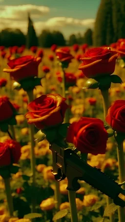 two golden guns above a grave in a field full of red roses.cinematic