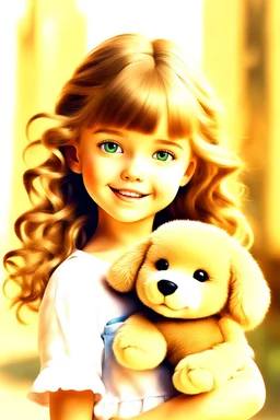 hiper realistic 4-5 year old cute beauty girl With beach wavy dimensional melange hair. With deep real smiling green eyes and brow long hair. Holding a bear-toy. Near her to stay very cutte puppy