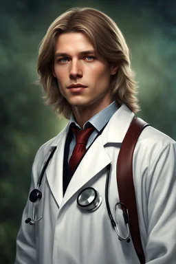 Portrait of a young male norwegian doctor with shoulder length hair, photorealistic, fantasy