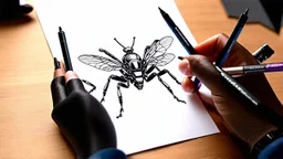 2159. Robot insect drawing a picture, holding six gel-pens in its six hands, drawing a beautiful picture with four pens, one pen in each hand. The picture is almost finished. Artistic, beautiful lighting, attractive composition, photorealistic, extremely detailed, chiaroscuro, rule of thirds