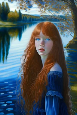 A beautiful teenage girl with long flowing strawberry blonde hair with a fringe, real life deep dark blue eyes reflecting her surroundings, a smooth and beautiful face and a flowing blue dress standing by a lake with cherry trees around staring into the distance dreamily