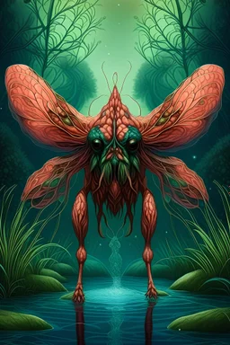Create a realistic image of this image as a Boxer dog dragon with four legs in a forest with a pond.