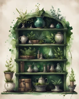 watercolor, dark style, dark green vintage witch's shelf with herbs with herbal decoction with emeralds and with grass and leaves, Trending on Artstation, {creative commons}, fanart, AIart, {Woolitize}, by Charlie Bowater, Illustration, Color Grading, Filmic, Nikon D750, Brenizer Method, Side-View, Perspective, Depth of Field, Field of View, F/2.8, Lens Flare, Tonal Colors, 8K, Full-HD, ProPhoto