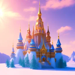 joli petit château doré, paysage blanc, montagne, neige, lac turquoise, ciel bleu et rose, soleil, cristaux, ambiance très réelle, 8k