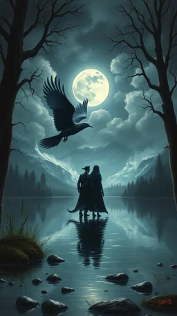 Bosch painting style nightmare , 3D , 2 creatures hand in hand by the lake from distant view sblack birds, high Quality picture , 8k