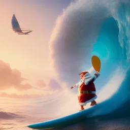 Santa standing of surfboard surfing a big wave, surfboard, beach, character design by cory loftis, fenghua zhong, ryohei hase, ismail inceoglu and ruan jia. unreal engine 5, artistic lighting, highly detailed, photorealistic, fantasy