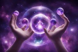 kundalini, connected to the universe, few colours of galaxy, holding galaxies in few hands in glass balls, purple colours