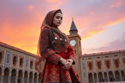 "A hyper-detailed digital painting of a young woman in traditional Azerbaijani folk costume standing in Tabriz Saat Square. She wears a floor-length crimson, gold, and sapphire embroidered dress with intricate embroidery, a translucent patterned ropush (scarf) draped over her head revealing braided hair with silver guppu (coins). The composition follows the rule of thirds, with the 19th-century clock tower framing her silhouette against a gradient sunset sky of tangerine and lavender. Ultra-deta