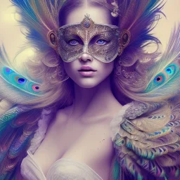 Mystery peacock feather face mask, dramatique, art background, dramatic lighting, volumetric lighting, hyperrealisme, 8k, high quality, lot of details, fit within portrait