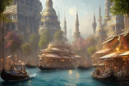 Boat restaurants in front of Empire Metropolis+hanging garden of babylon+karnaca+rome+istanbul+Burano+barocco Skyscraper+steampunk+colorful city,alphonse mucha,greg rutkowski,matte painting, cryengine