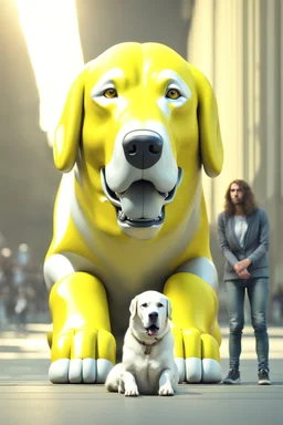 humans obey front of the huge yellow-white big dog, myistic atmhosphare. Realistic, render, 4k