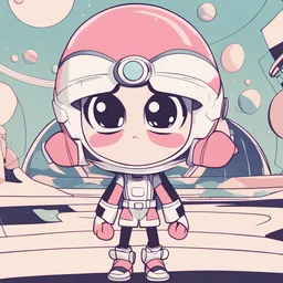 The futuristic kid character. They have a big head and a purse on their thick upper lips, and their eyes are enormous. The background is set on Saturn.