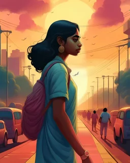 a normal day in mumbai with commuters crossing the streets in the landscape, focused on an indian girl who is feeling lost and looking down, Generative AI, 80s retro, nostalgic 90s, vintage illustration, synthwave
