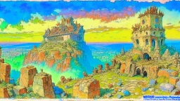 Destroyed City, medieval ruins, debris, stone, breched, brocken, Perspektiv from the sky, by Jean-Baptiste Monge, Ivan Bilibin, Albert Bierstadt, Reza Badrossama, watercolor, intricate details, fantasy, beautiful, oil on canvas, award winning, imperial colours, fantastic view, radient colours, very attractive, crisp quality