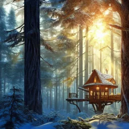 stunning, beautiful treehouse in winter, massive tree, forest, mist, rays of sun, 8k resolution, fine detail, dynamic lighting, fantasy, illustrative, detailed matte painting, sharp focus, greg rutowsky and alphonso mucha