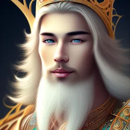 magnifique bel homme asiatique souriant ,yeux bleus,avec vetement et couronne celtique,cheveux blonds, fond bleu clair