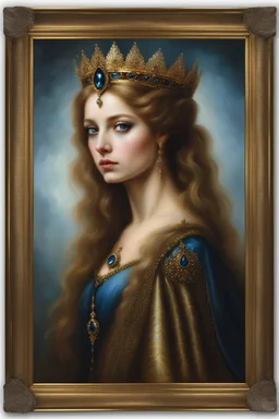 Gothic Gold framed painted portrait of a beautiful queen wearing a small tiara. her hair is long and light brown in colour and she has blue eyes, dark fantasy