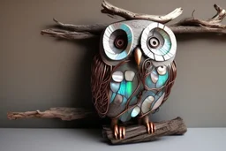 owl made of driftwood, concrete, mother-of pearl and copper wire
