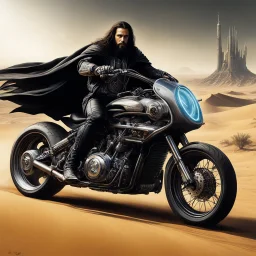 [speedy sci-fi concept design by H. R. Giger] Jesus Christ rides a cyberpunk style motorcycle with big engine, in the desert