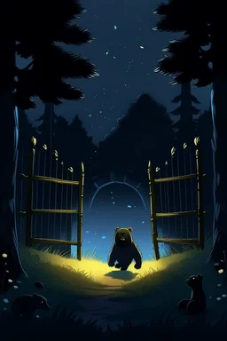 una noche oscura , luciérnagas revoloteando , las puertas de las reja de la prisión abiertas, el rostro del oso gigante en primer plano huyendo felíz hacia su libertad en el campo
