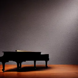 Grand piano on wooden floor, black background